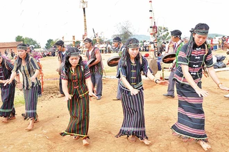 Dân làng người Cơ Ho Srê múa mừng nhô wèr bên chân ruộng.