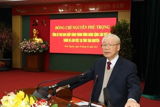Tổng Bí thư Nguyễn Phú Trọng phát biểu tại buổi làm việc với Ban Thường vụ và lãnh đạo tỉnh Thái Nguyên. (Ảnh: Trí Dũng/TTXVN)