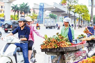 Người dân mua hoa quả ở các hàng rong trên phố Hồ Tùng Mậu. Ảnh: CHÍ HIẾU