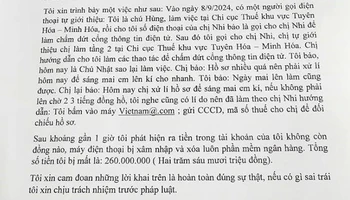 Đơn trình báo của người đàn ông ở Quảng Bình bị đối tượng giả danh cán bộ thuế lừa đảo.