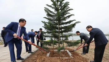 Các đồng chí lãnh đạo tỉnh và thành phố Nam Định trồng cây tại công viên Thiên Trường-Đền Trần.