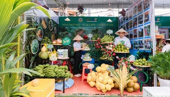 Gian hàng trưng bày trái cây đặc sản tại Festival 100 năm dừa sáp Trà Vinh.