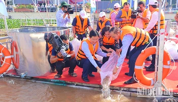 Đại biểu tham gia thả cá giống xuống sông Tiền với mục tiêu tái tạo nguồn lợi thủy sản.