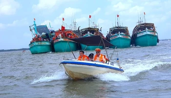 Đông đảo tàu cá tiến ra biển tham gia nghi thức rước Ông ở miền biển Sông Đốc, huyện Trần Văn Thời, tỉnh Cà Mau. 