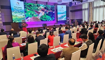 Các đại biểu xem giới thiệu sản phẩm du lịch ở Thanh Hóa.