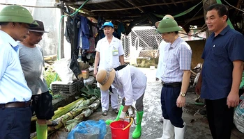 Cán bộ, nhân viên y tế hướng dẫn pha phèn chua xử lý nguồn nước phục vụ sinh hoạt.