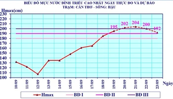 Biểu đồ mực nước đỉnh triều cao nhất ngày thực đo và dự báo trạm Cần Thơ-sông Hậu.