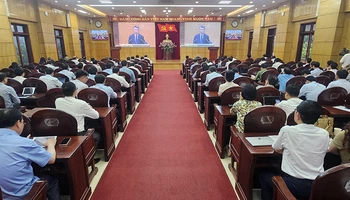 Quang cảnh hội nghị tại điểm cầu Tỉnh ủy Thanh Hóa.