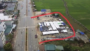 Khu đất và khu lán, nhà tôn (khu vực bôi đỏ) do ông Nguyễn Hữu Phục dựng lên trên đất nông nghiệp (đất trồng lúa). (Ảnh: CTV)