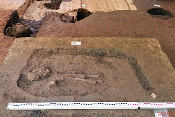 Phát hiện di cốt thời Đông Sơn trong hố khai quật H1 ở di chỉ Vườn Chuối.