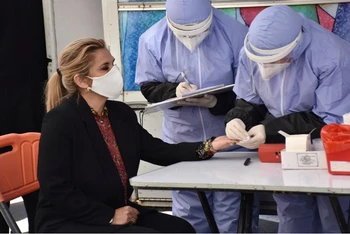 Bà Anez làm xét nghiệm máu trong Ngày Hiến máu thế giới diễn ra tại La Paz, ngày 12-6. (Ảnh: Reuters)