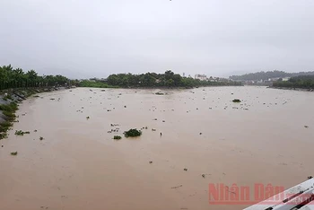 Nước sông Nậm Rốm ở thành phố Điện Biên dâng cao trong đợt mưa lũ ngày 6-8 vừa qua (Ảnh: Lê Lan).