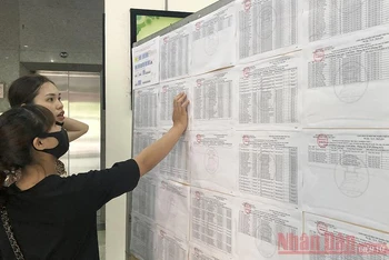 Thí sinh theo dõi thông tin tại Kỳ thi tuyển viên chức của Sở GD-ĐT Hà Nội vừa qua (Ảnh: DUY LINH)