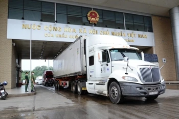 Xe chở thanh long xuất khẩu sang Trung Quốc qua Cửa khẩu Kim Thành (Lào Cai) sáng ngày 17-8.