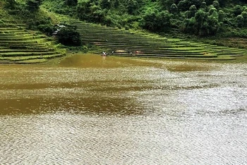 Hồ thủy điện Minh Lương Thượng, nơi lực lượng cứu hộ đã tìm thấy nạn nhân bị lũ cuốn mất tích, ở xã Nậm Xé, huyện Văn Bàn (Lào Cai) 