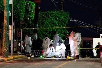 Lực lượng chức năng điều tra tại hiện trường vụ xả súng ở Cuernavaca tối 2-9. (Ảnh: Mexico Newsdaily/TTXVN)