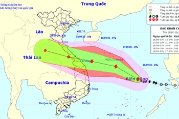 Vị trí và hướng di chuyển của bão số 5. (Nguồn: kttv.gov.vn)