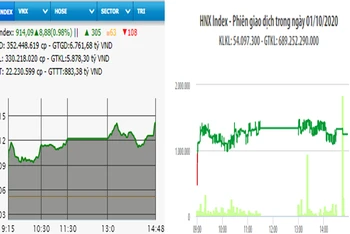 Diễn biến VN-Index và HNX-Index, phiên giao dịch ngày 1-10. 