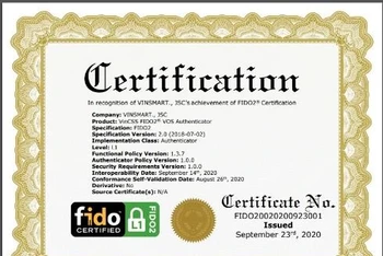 VOS của VinSmart đạt chứng nhận FIDO2 từ Liên minh Xác thực trực tuyến FIDO Alliance.