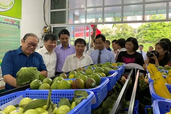 Đồng chí Thào Xuân Sùng (áo xanh, ngoài cùng bên trái) tham quan cửa hàng nông sản sạch tại xã Sủ Ngòi (TP Hòa Bình, tỉnh Hòa Bình).