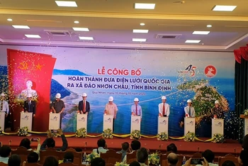Các đại biểu thực hiện nghi thức đóng điện dự án đưa điện lưới Quốc gia ra xã đảo Nhơn Châu, thành phố Quy Nhơn.