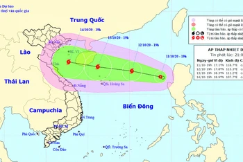 Vị trí và hướng di chuyển của áp thấp nhiệt đới trên Biển Đông. (Nguồn: kttv.gov.vn)