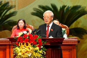 Tổng Bí thư, Chủ tịch nước Nguyễn Phú Trọng phát biểu tại Đại hội đại biểu Đảng bộ TP Hà Nội lần thứ 17.