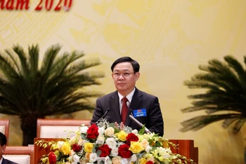Đồng chí Vương Đình Huệ, Ủy viên Bộ Chính trị, Bí thư Thành ủy Hà Nội dự và phát biểu chỉ đạo Đại hội.