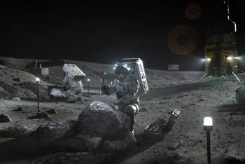 Bức tranh mô tả về các phi hành gia đi bộ trên mặt trăng trong chương trình Artemis của NASA. Ảnh: NASA.
