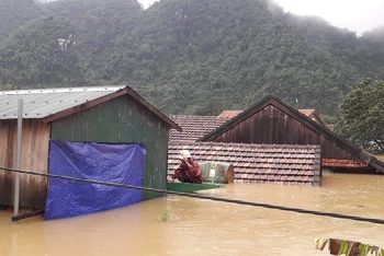 Ở rốn lũ Tân Hóa (Quảng Bình) hơn 400 ngôi nhà bị ngập tận mái.
