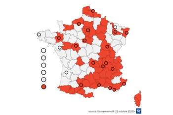 Sơ đồ các tỉnh trong danh sách lệnh giới nghiêm vào buổi tối ở Pháp. Pháp có 101 tỉnh, trong đó có năm tỉnh lãnh thổ hải ngoại.