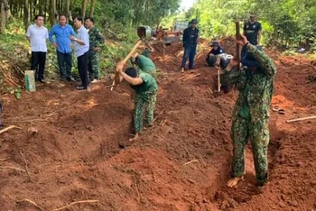 Lực lượng chuyên trách tìm kiếm các phần mộ liệt sĩ tại khu vực ấp K54, xã Lộc Thiện, huyện Lộc Ninh.