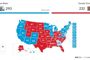 Đảng Dân chủ chiến thắng tại các bang màu xanh đậm, đảng Cộng hòa giành chiến thắng tại các bang màu đỏ. (Nguồn: AP)