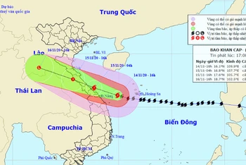 Vị trí và hướng di chuyển của bão số 13. (Nguồn: nchmf.gov.vn)