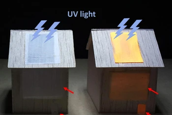 Khi tiếp xúc với ánh sáng tia cực tím bên ngoài, tấm gỗ phát quang (bên phải) sẽ thắp sáng không gian trong ngôi nhà đồ chơi, trong khi tấm không phát quang (bên trái) thì không. Ảnh: Phỏng theo ACS Nano.
