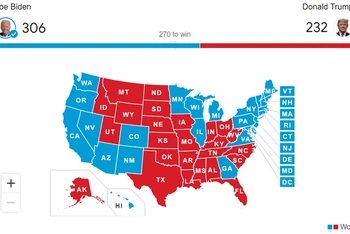 Đảng Dân chủ chiến thắng tại các bang màu xanh, đảng Cộng hòa giành chiến thắng tại các bang màu đỏ. (Nguồn: AP)