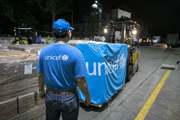 Nhân viên UNICEF đang nhận sản phẩm điều trị suy dinh dưỡng tại sân bay Nội Bài (Ảnh: UNICEF Việt Nam/Trương Việt Hùng). 