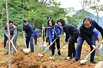 Đồng chí Trương Thị Mai, Ủy viên Bộ Chính trị, Bí thư T.Ư Đảng, Trưởng Ban Dân vận T.Ư cùng các đại biểu trồng cây lưu niệm trong quần thể Khu di tích lịch sử Quốc gia đặc biệt Tân Trào. 