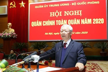 Tổng Bí thư, Chủ tịch nước Nguyễn Phú Trọng, Bí thư Quân ủy T.Ư phát biểu chỉ đạo Hội nghị. (Ảnh: TTXVN)