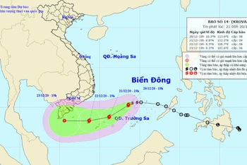 Vị trí và hướng di chuyển của bão số 14. (Nguồn: nchmf.gov.vn)