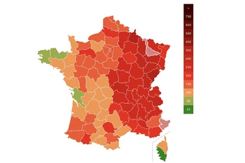 Biểu đồ tỷ lệ nhiễm Covid-19/100 nghìn dân tại các khu vực ở Pháp. (Ảnh: GRZ)