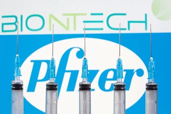 Ống tiêm được nhìn thấy trước logo Biontech và Pfizer được chụp vào ngày 10-11-2020. Ảnh: Reuters.