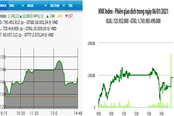 Diễn biến VN-Index và HNX-Index, phiên giao dịch ngày 6-1. 