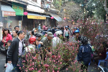 Người dân tham quan chợ hoa Tết tại khu vực phố Hàng Lược, quận Hoàn Kiếm, Hà Nội. Ảnh: DUY LINH