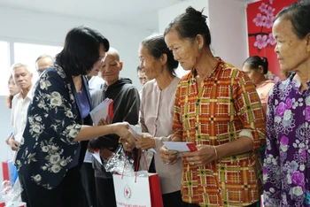 Phó Chủ tịch nước Đặng Thị Ngọc Thịnh tặng quà gia đình nghèo trên địa bàn huyện Đức Hòa, tỉnh Long An.