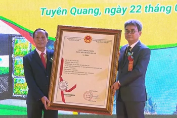 Trao Giấy chứng nhận Chỉ dẫn địa lý Cam sành Hàm Yên cho lãnh đạo UBND huyện Hàm Yên