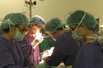 TS, BS Ninh Việt Khải - Phó Giám đốc Trung tâm Ghép tạng, Bệnh viện HN Việt Đức đang thực hiện một ca ghép thận.