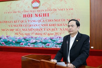 Đồng chí Trần Thanh Mẫn, Ủy viên Bộ Chính trị, Chủ tịch UBTƯ MTTQ Việt Nam phát biểu tại hội nghị.