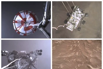 Những hình ảnh từ video do NASA cung cấp này cho thấy các bước hạ cánh của tàu thám hiểm sao Hỏa Perseverance khi nó tiếp cận bề mặt hành tinh vào ngày 18-2. Ảnh: NASA.