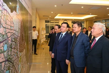 Bí thư Thành ủy Vương Đình Huệ cùng các đại biểu xem bản đồ quy hoạch phân khu đô thị. 